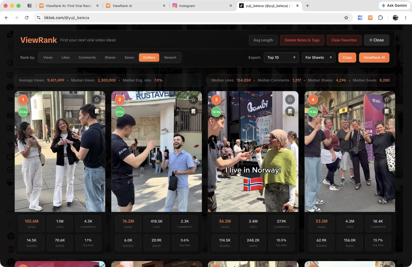 The same overlay on TikTok, with the account stats strip