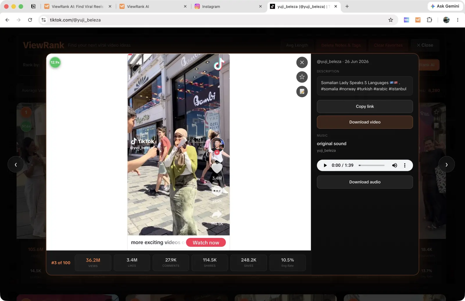 A video expanded in the overlay with its stats and download