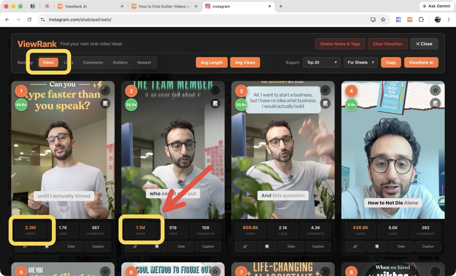 Ranked by Views, with each card's numbers under the thumbnail