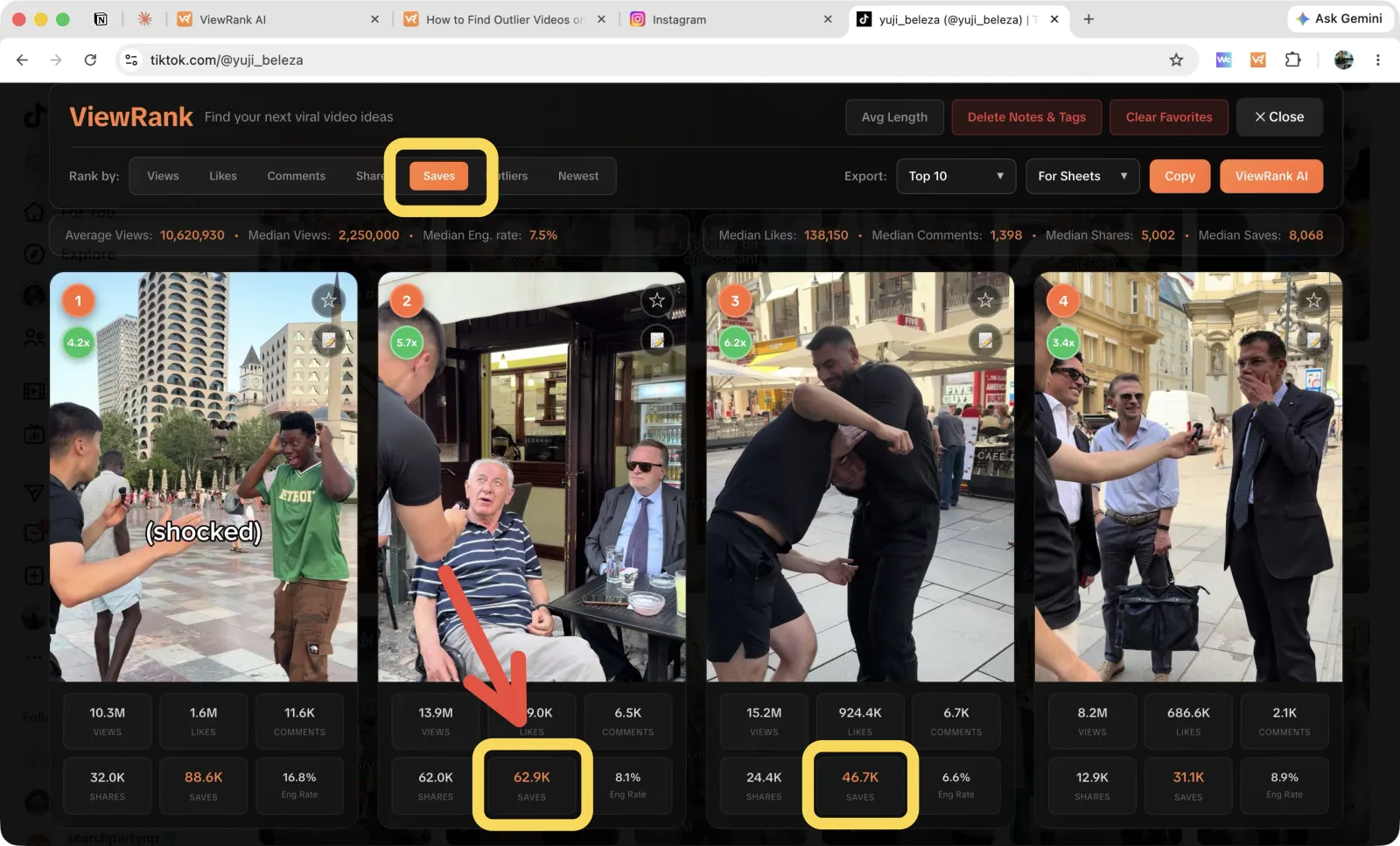 The TikTok stats strip: average views, median views, and median engagement rate