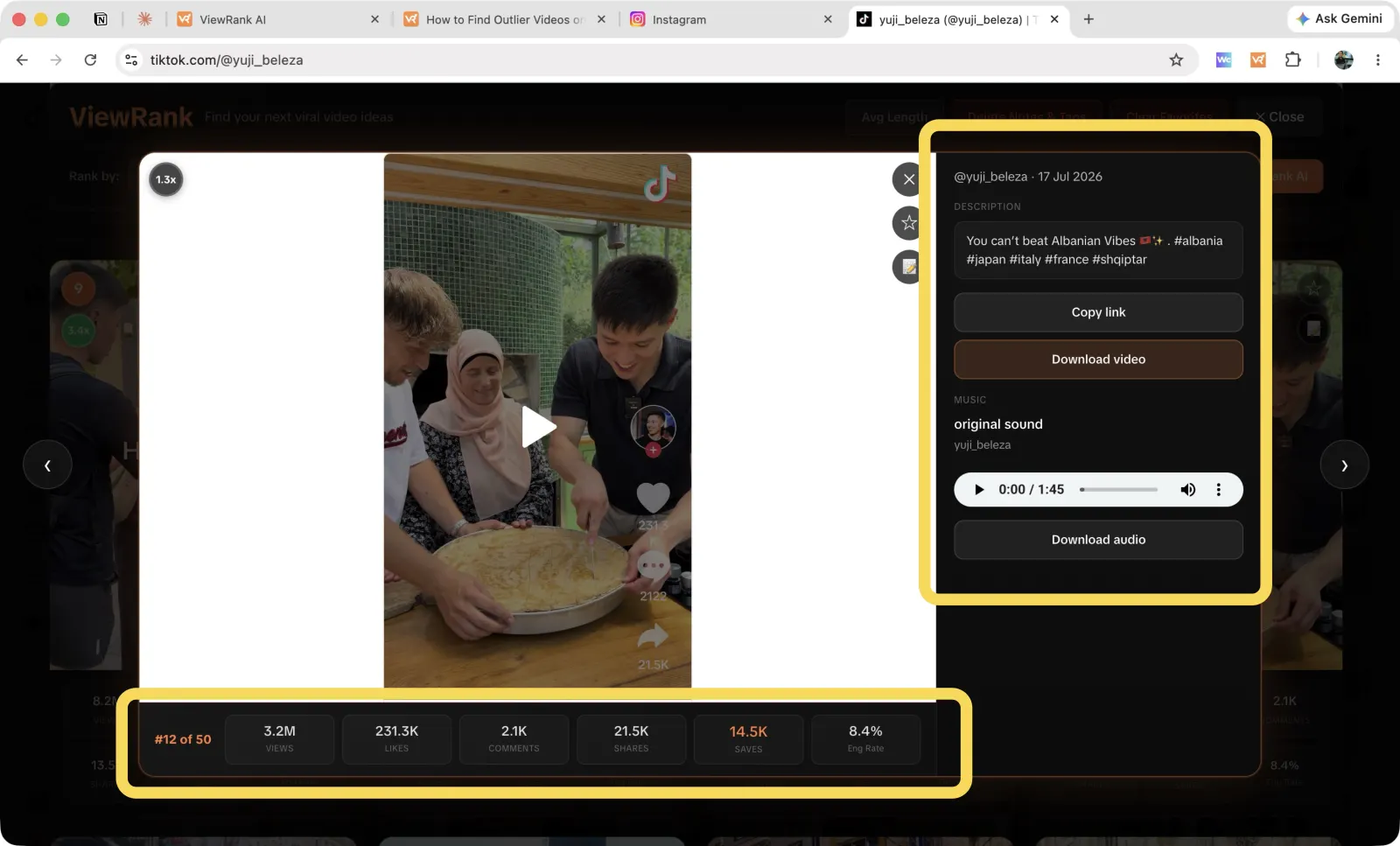 A TikTok video expanded inside the ViewRank overlay with its full stats, description, and download options