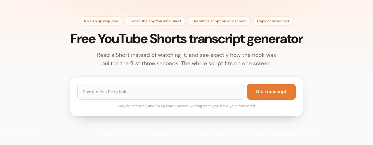 The free ViewRank AI YouTube Shorts transcript generator, with the paste box and the Get transcript button