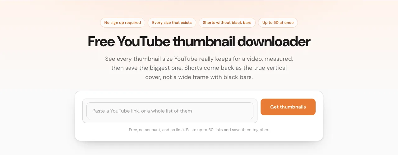 The free ViewRank AI YouTube thumbnail downloader, with the paste box and the Get thumbnails button