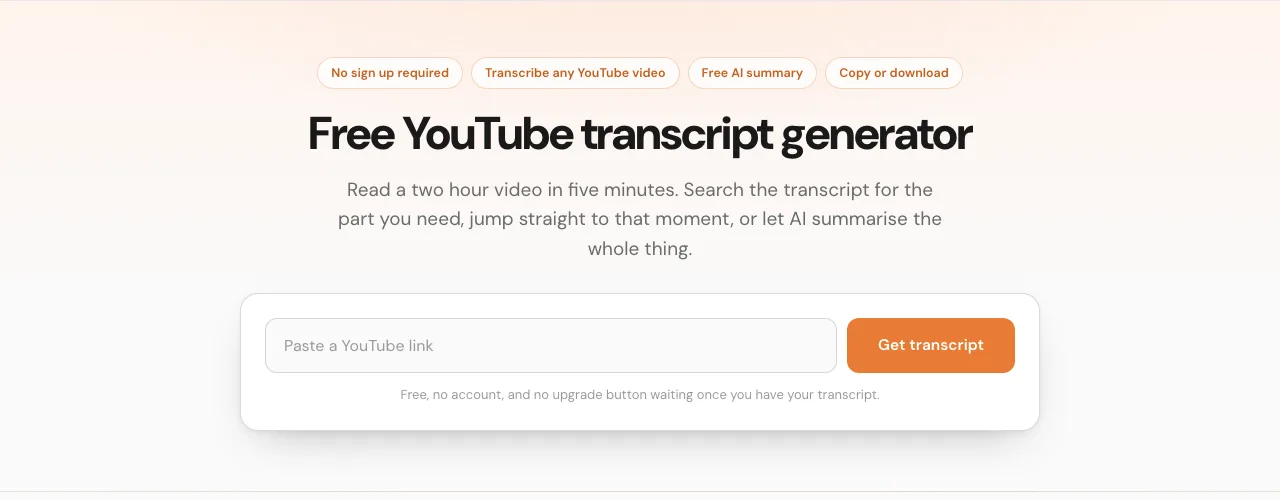 The free YouTube transcript generator, with the paste box and the Get transcript button