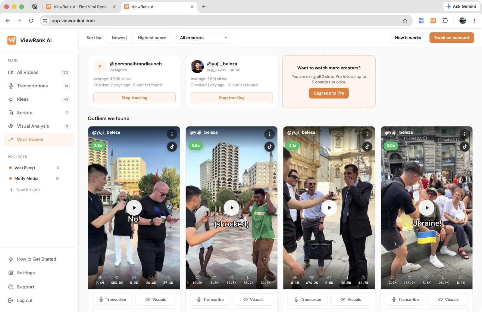 The Viral Tracker in ViewRank AI, showing tracked creators and the outliers it collected
