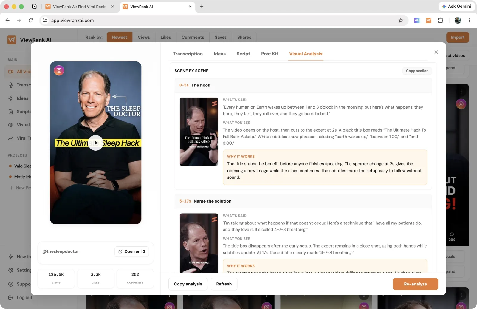 The ViewRank AI workspace showing a transcript beside a scene-by-scene visual breakdown
