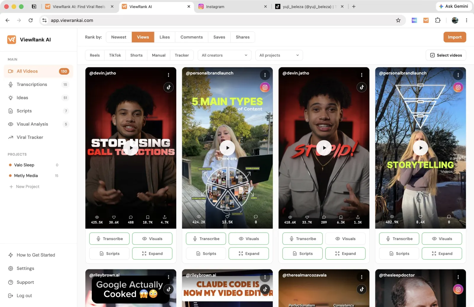 The ViewRank AI workspace with imported videos ready to transcribe and analyze