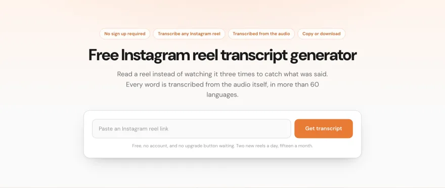 The Instagram reel transcript generator page