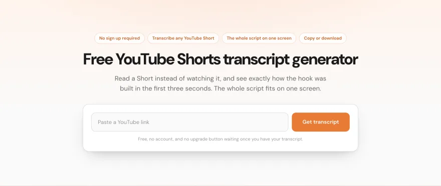 The YouTube Shorts transcript generator page