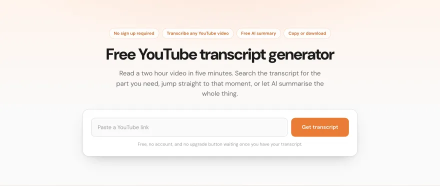 The YouTube transcript generator page